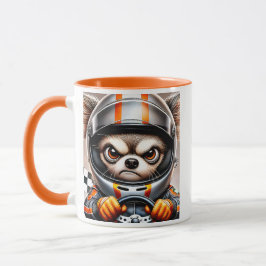 Caneca Chien pilote de course en combinaison et casque.