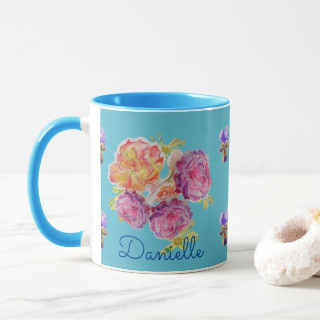 Caneca Chique Azul Rosa Floral Viola Flower Mug (Com Donut)