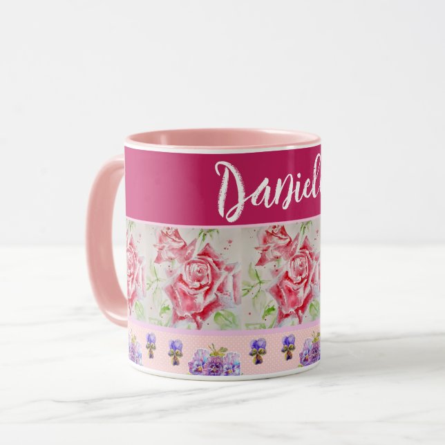 Caneca Chique Cor de Água das Rosas rosas vermelhas (Frente Esquerda)