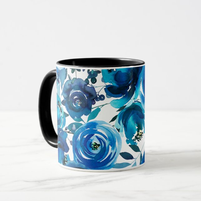 Caneca Chique Elegante Floral Azul Indigo (Frente Esquerda)