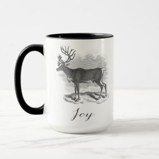 Caneca Christmas mug with antique deer etching says Joy