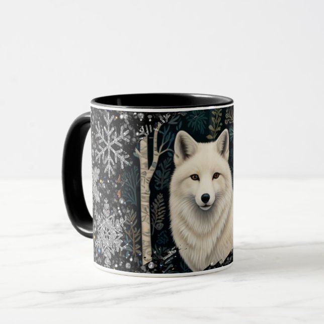 Caneca Christmas white fox white wolf sparkling snowflake (Frente Esquerda)