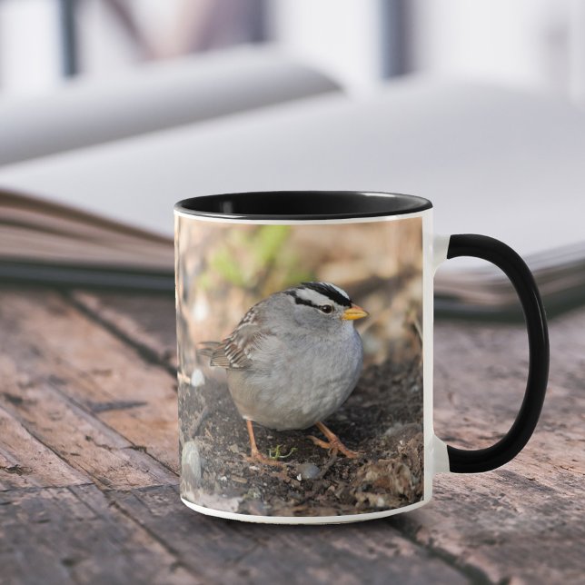 Caneca Chubby White-Crowned Sparrow no Sol de inverno (Chubby White-Crowned Sparrow in the Winter Sun 11 oz Coffee Mug Cover Photo.)