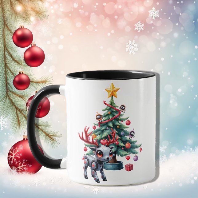 Caneca Ciberpunk Reindeer bonito com Árvore de Natal (Criador carregado)