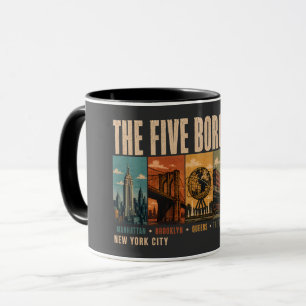 Caneca Cinco Bairros Nova York NYC Ilustração Retro