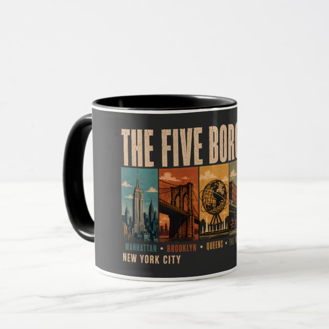 Caneca Cinco Bairros Nova York NYC Ilustração Retro (Frente Esquerda)