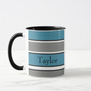 Caneca Cinza Azul Teal Negra Stripes Brancas Modernas