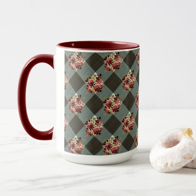 Caneca Cinza Gingham e Burgundy Floral Country (Com Donut)