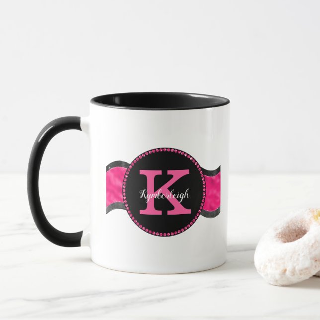 Caneca Cinza Preta Rosa Quente Onda Girassol Nome Monogra (Com Donut)