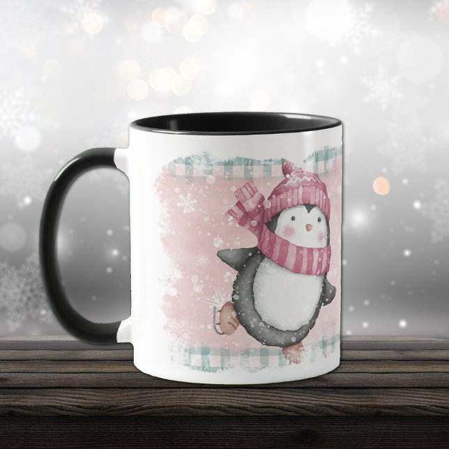 Caneca Cinza rosa Snowflake Penguin Holiday Mug (Criador carregado)
