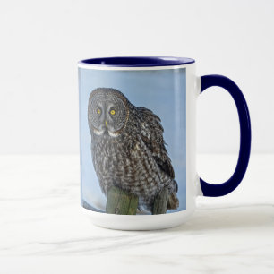 Caneca Cinza Sentada Coruja e Raptor de Neve