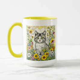 Caneca Cinzas e Gatinhos Brancos Sentados em Flores