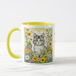 Caneca Cinzas e Gatinhos Brancos Sentados em Flores