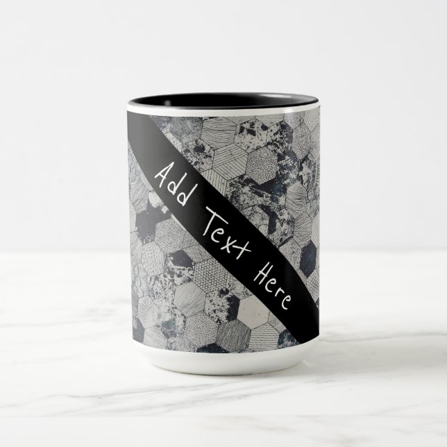 Caneca Cinzas geométricas, Padrão de Hexágono Branco e Ne (Centro)