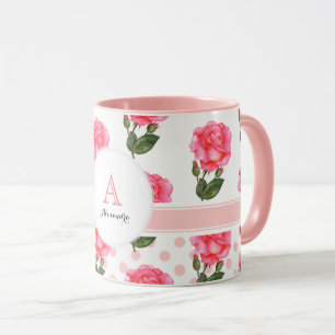 Caneca Círculo Monograma de Bolinhas de Rosas Rosa Person