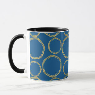 Caneca Círculos Dourados e Azul Brilhante Moderno e Elega