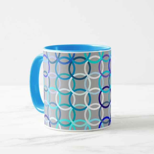 Caneca Círculos modernos do século médio, cinzas, azul e  (Frente Esquerda)