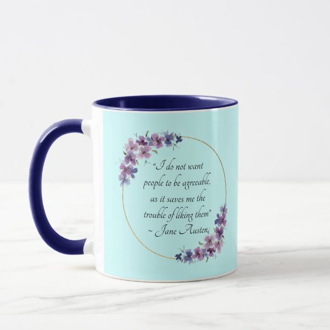 Caneca Citação de Jane Austen com Moldura Dourada Floral  (Esquerda)