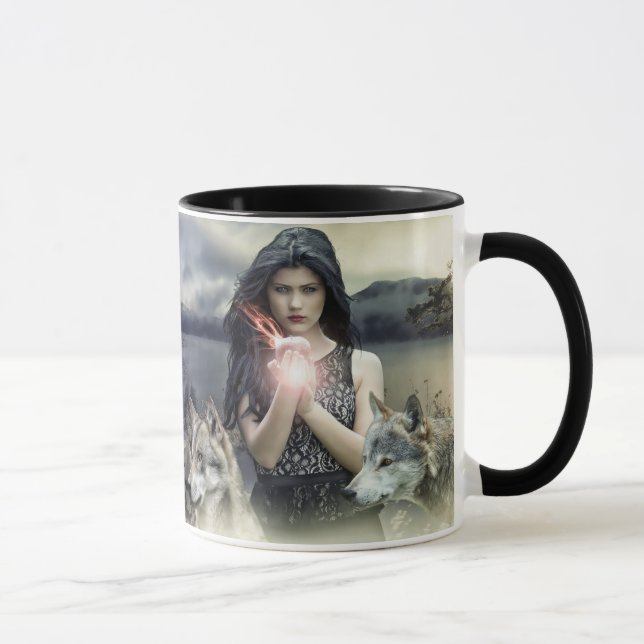 Caneca Citação Espiritual de Mulher Mística e Lobos Mágic (Direita)