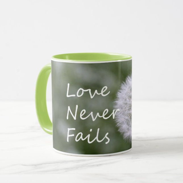Caneca Citar Amor Nunca Falha Dandelion 1 Coríntios 13 (Frente Esquerda)