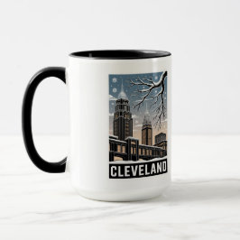 Caneca Cleveland Ohio Skyline Winter Woodcut Black&White
