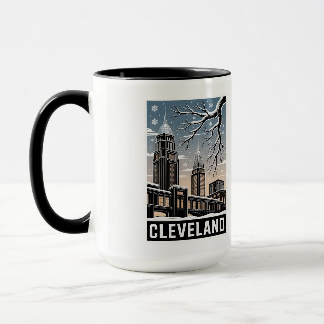Caneca Cleveland Ohio Skyline Winter Woodcut Black&White (Esquerda)