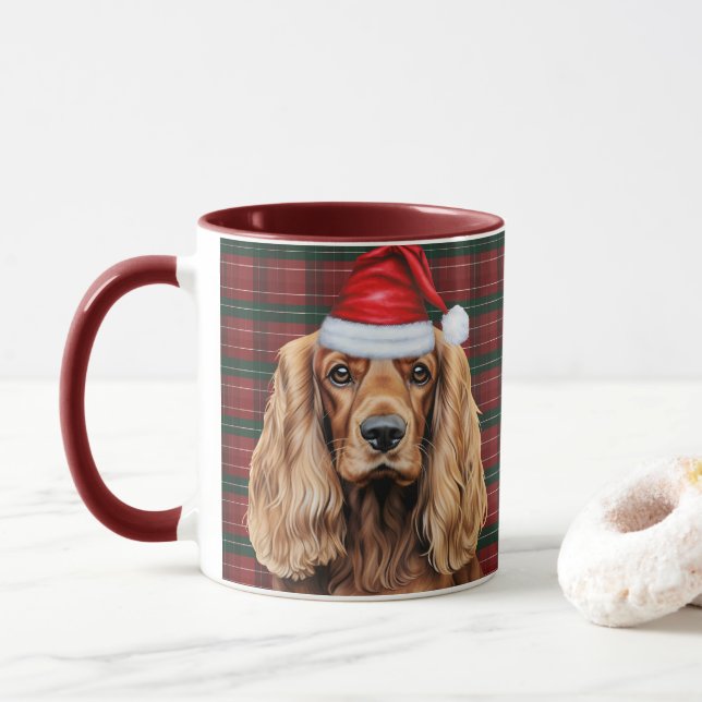 Caneca Cocker Spaniel de Natal Xadrez de Férias Cachorro  (Com Donut)