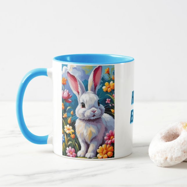 Caneca Coelhinho Branco Adorável Cercado por Flores Vibra (Com Donut)
