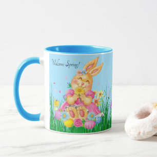 Caneca Coelhinho de Páscoa em Flores de Primavera Rosa Pr