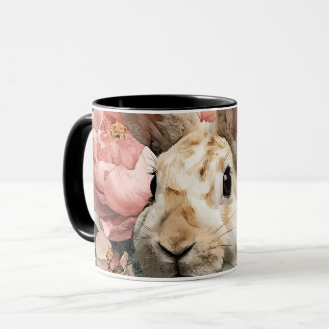 Caneca coelhinho fofo, peônias e borboleta (Frente Esquerda)