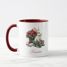Caneca Coelho de Natal Nome Personalizado Poinsettia Verm