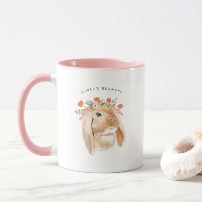 Caneca Coelho Floral de Watercolor | Nome Monograma (Com Donut)