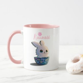 Caneca coelho kawaii numa tigela decorada com flores