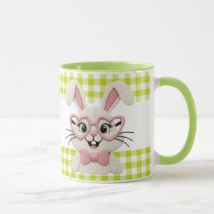 Caneca Coelho Xadrez Fofo com Óculos de Coração Rosa