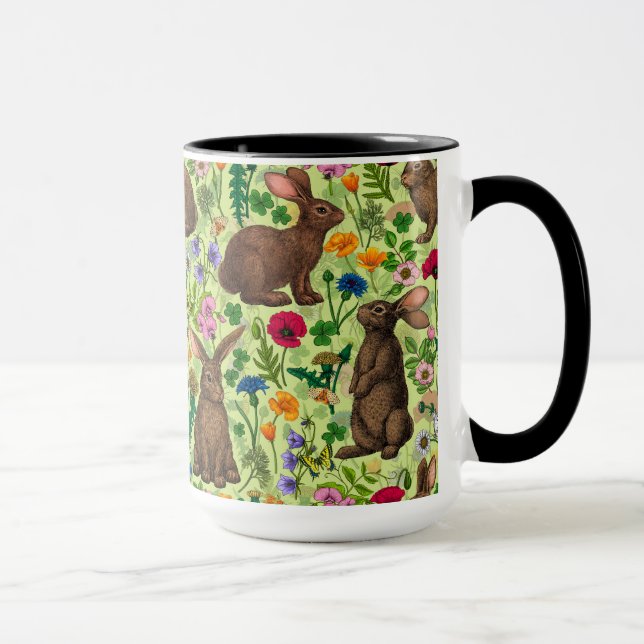 Caneca Coelhos e flores silvestres em verde de melada (Direita)