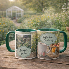 Caneca Coffee before gardening robin morning garden photo