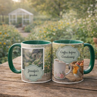 Caneca Coffee before gardening robin morning garden photo