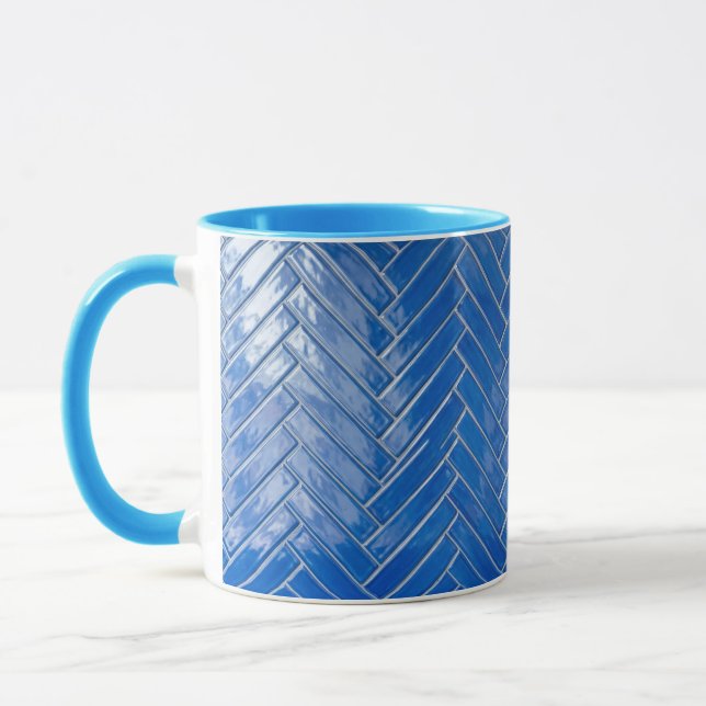 Caneca Coffee Mug Blue Herringbone Pattern Geometric (Esquerda)