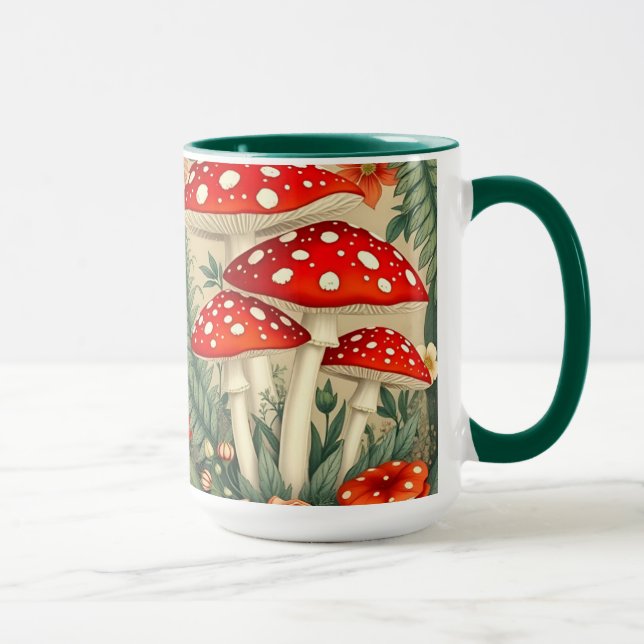 Caneca Cogumelos Agáricos Vibrantes e Elementos Botânicos (Direita)