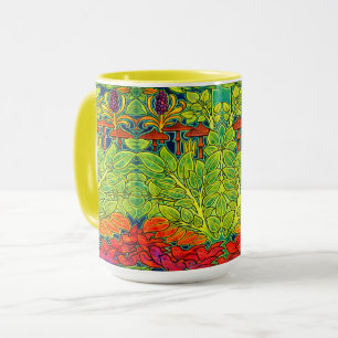 Caneca Cogumelos Pássaro Arte Nova Padrão Retro de Voysey