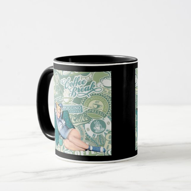 Caneca Colagem da Pausa para Café da Garota Pinup Retro (Frente Esquerda)