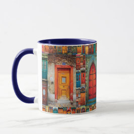 Caneca Colagem de Arte da Porta Vintage Cor de laranja Az