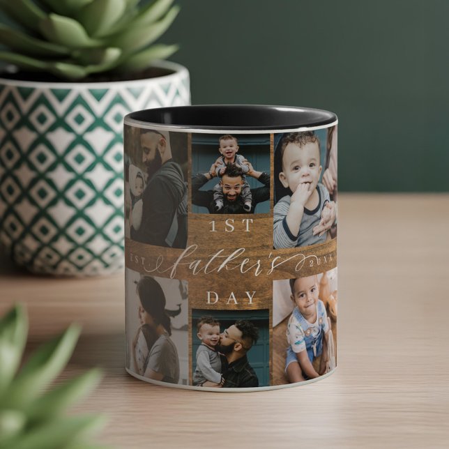 Caneca Colagem de Fotografias Rustic Woodgrain do Primeir (First Father's Day Rustic Woodgrain Photo Collage Mug)