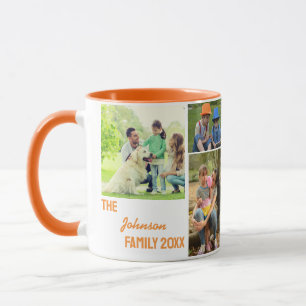 Caneca Colagem de Fotos da Família em Caligrafia Laranja