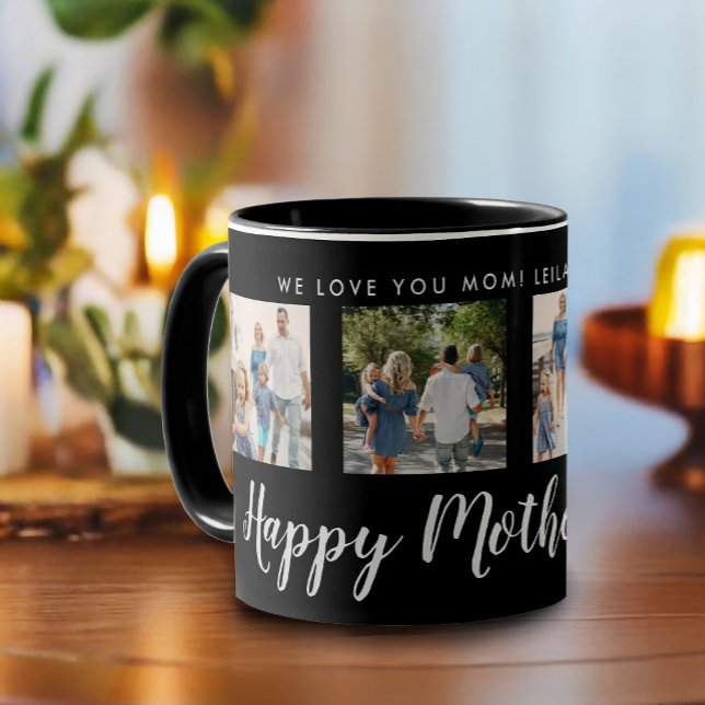 Caneca Colagem de Fotos de Dia de as mães Feliz Preto (Happy Mother's Day script font with 4 family photo slots along with a custom message)