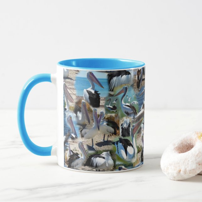 Caneca Colagem de Fotos de Pelicano, Azul (Com Donut)