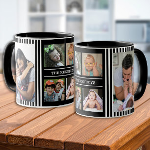 Caneca Colagem de Fotos Moderna 6 Nome da Família Listras