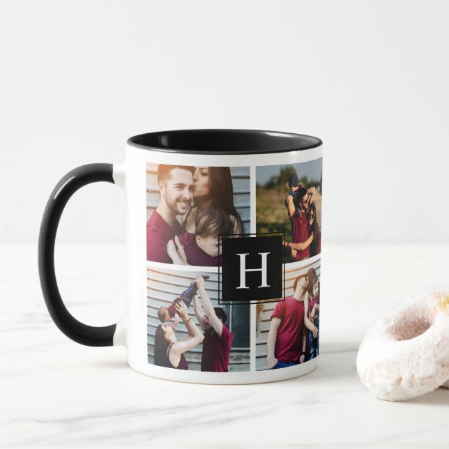 Caneca Colagem de Fotos Moderna Monogramada (Com Donut)