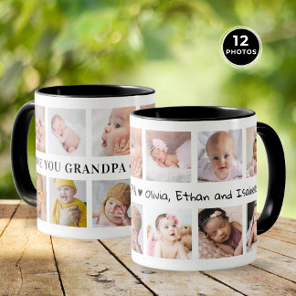 Caneca Colagem de Fotos Moderna Preta 'Amo Você Vô' 12 Fo