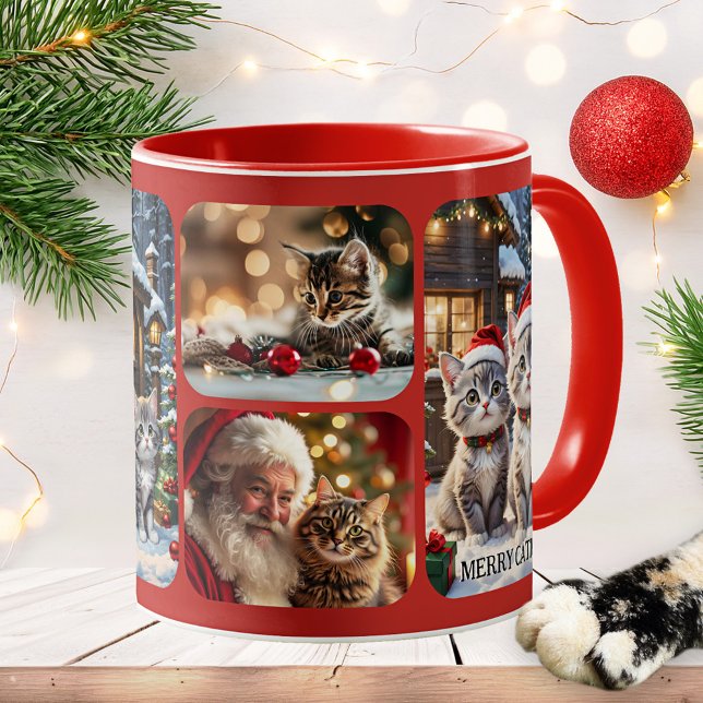 Caneca Colagem de Fotos Natal Felino Natal (Mug featuring a collage of cats in a festive Christmas scene. Great as a gift for a crazy cat lady!)